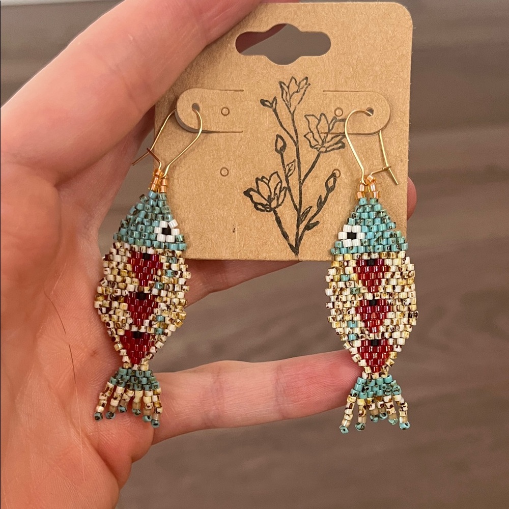 Handcrafted Beaded Fish Earrings - Multicolor - Picture 3 of 3